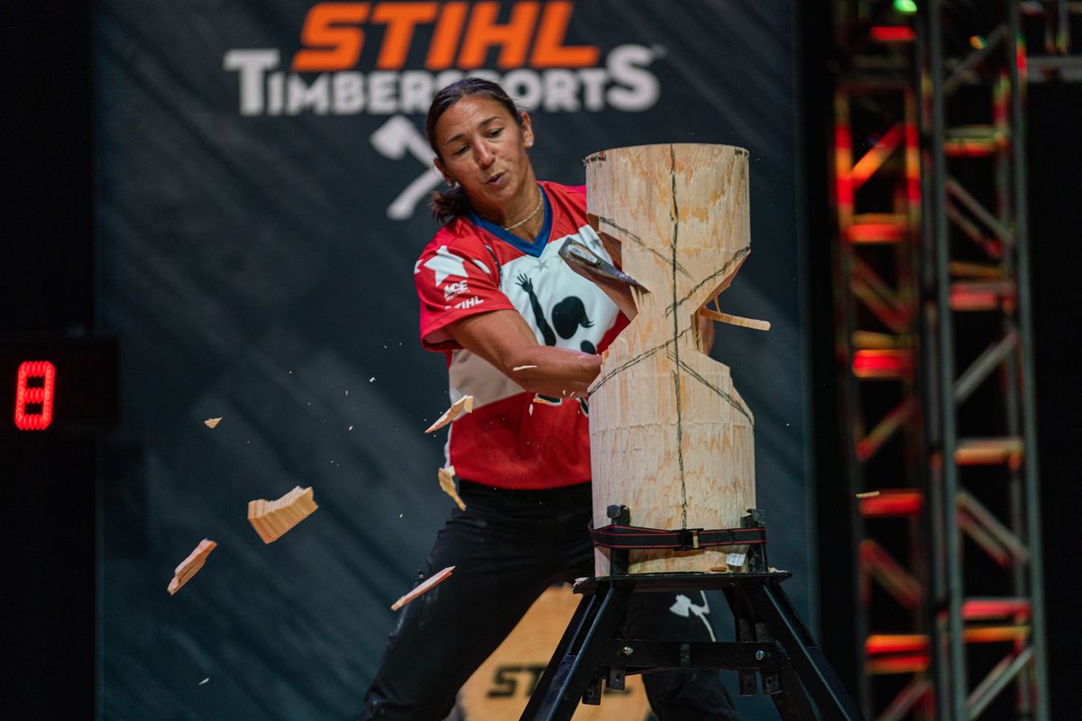 Erin LaVoie of Spokane participates in a professional timbersports competition.   (Stihl Timbersports)