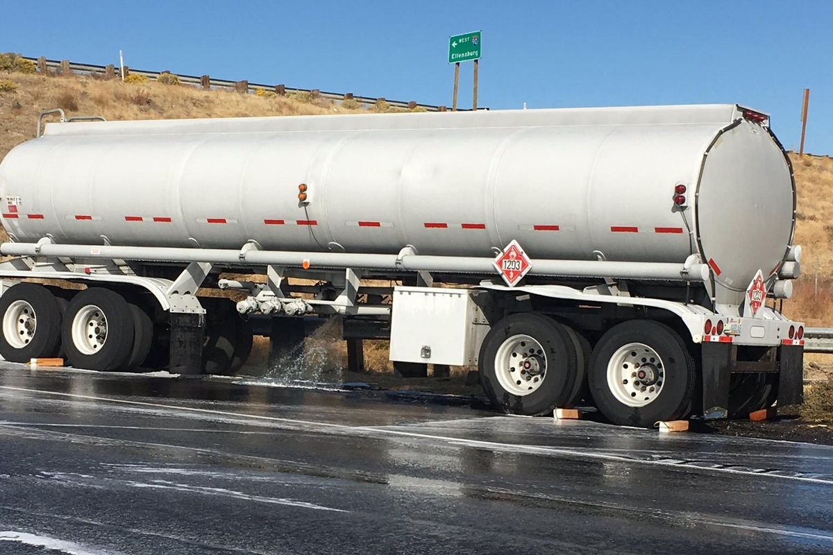 Westbound I-90 closed at the Vantage Bridge at about 10:30 a.m. this morning after a tanker spilled fuel in the roadway. (Washigton State Patrol)