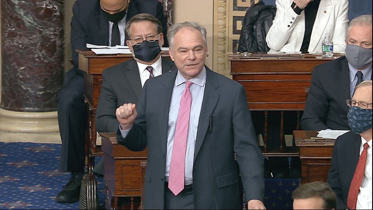 In this image from video, Sen. Tim Kaine, D-Va., speaks as the Senate reconvenes after protesters stormed into the U.S. Capitol on Wednesday, Jan. 6, 2021.  (HOGP)