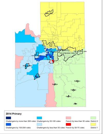 This is a map of the early primary results in the Spokane County Commissioner District 3 race. (Jim Camden)