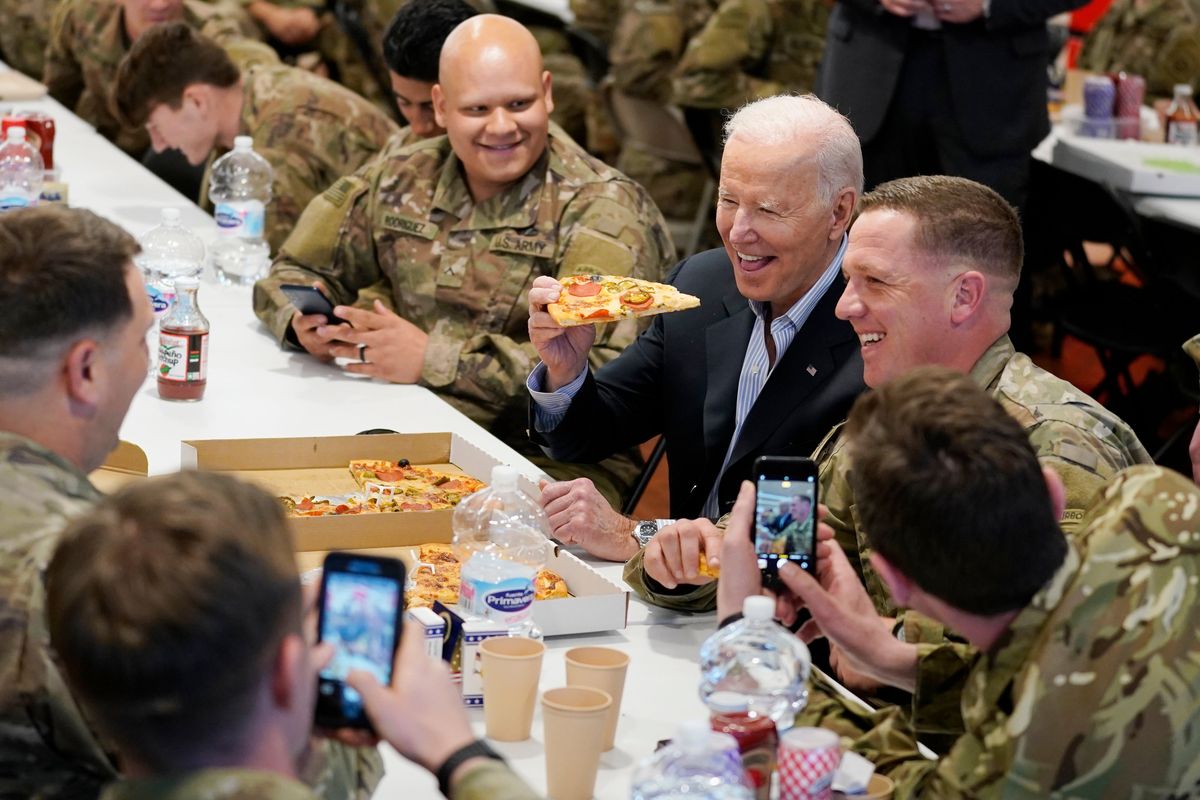 President Joe Biden visits with members of the 82nd Airborne Division at the G2A Arena on Friday in Jasionka, Poland.  (Evan Vucci)