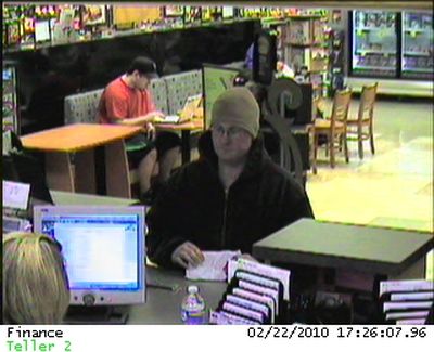 A man robbed a bank inside an east Spokane grocery store on Monday, Feb. 22, 2010.
The robber entered the Banner Bank at Safeway, 933 E. Mission, about 5:26 p.m. and left with cash. 
He's described as 5-foot-5 to 5-foot-8 and wore a dark, puffy Carhart jacket. (Spokane Police Department)