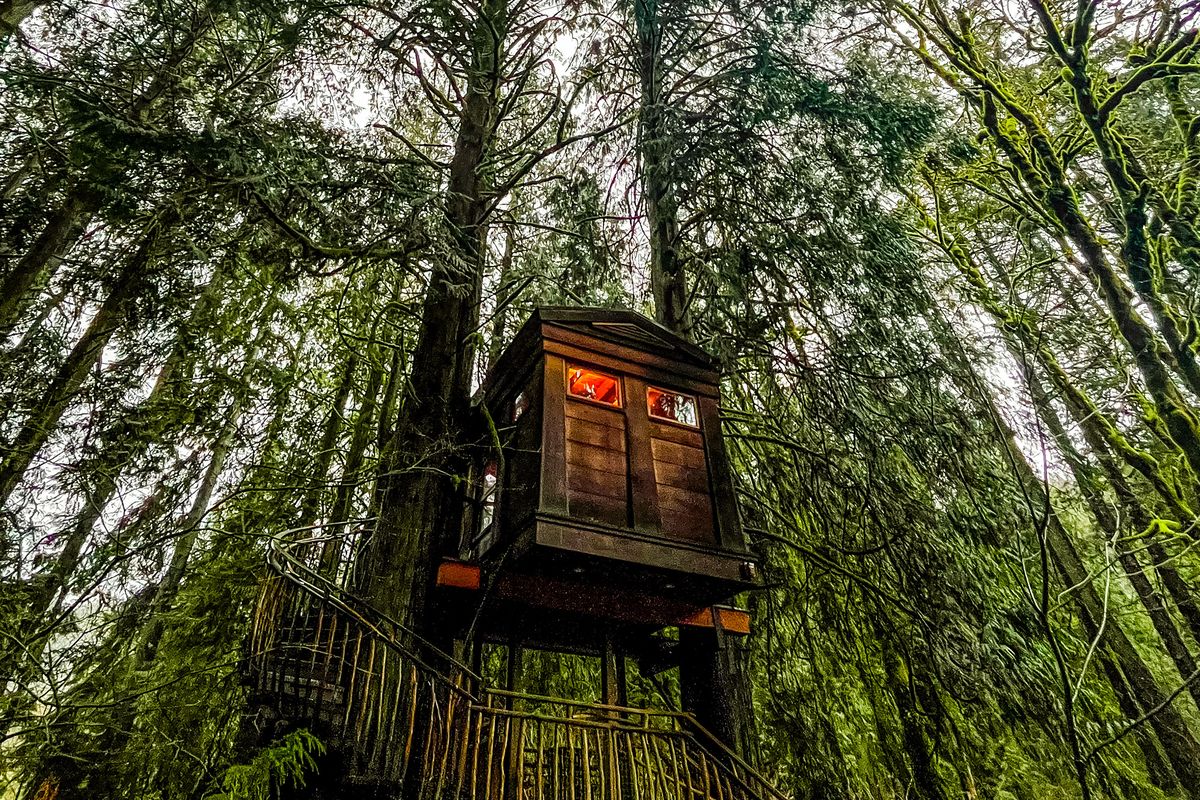 Treehouse Point, a collection of seven rentable treehouses, is neighbored by the Raging River about 30 minutes east of Seattle. This treehouse is known as Bonbibi.  (Christopher Reynolds/Los Angeles Times)