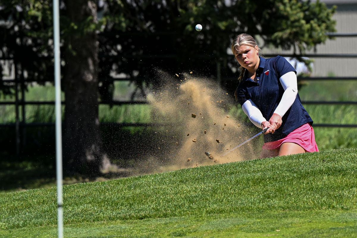 West Valley senior Melia Cerenzia chips out of a bunker during the girls Kalispel Championships at the Kalispel Golf and Country Club on May 7, 2026. (Myk Crawford/Courtesy)
