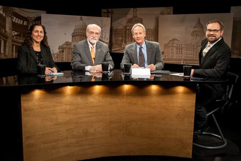 From left, Betsy Russell, Jim Weatherby, John Freemuth and host Greg Hahn on Idaho Public TV's 