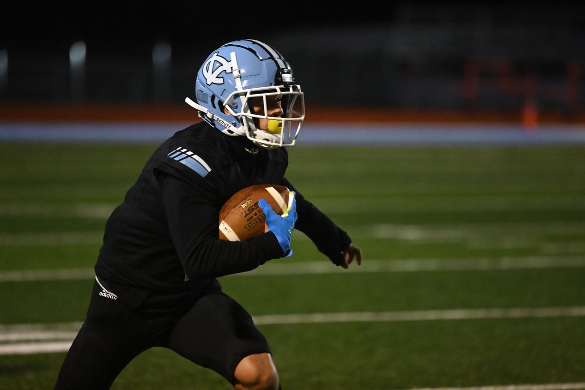 After intercepting the ball, Central Valley defensive back Nic Saunders runs the ball in for a Bears touchdown in the first quarter of a high school football game against Ferris, Friday, Sept. 17, 2021, at Central Valley High School.  (Colin Mulvany/THE SPOKESMAN-REVIEW)