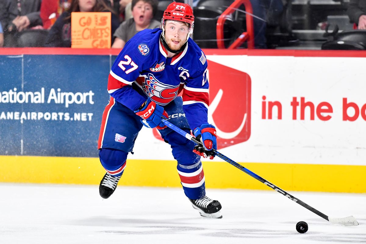Spokane Chiefs center Berkly Catton moves the puck during the Western Hockey League Championship on May. 16.  (Tyler Tjomsland/The Spokesman-Review)