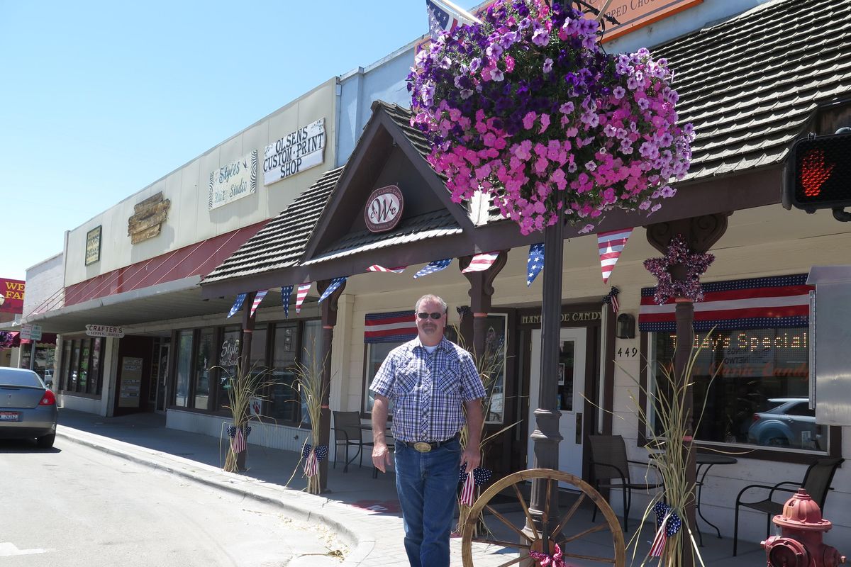 Patrick Nauman, owner of Weiser Classic Candy and chairman of the local eclipse festival committee, stands outside his store in downtown Weiser, Idaho. (Betsy Z. Russell)