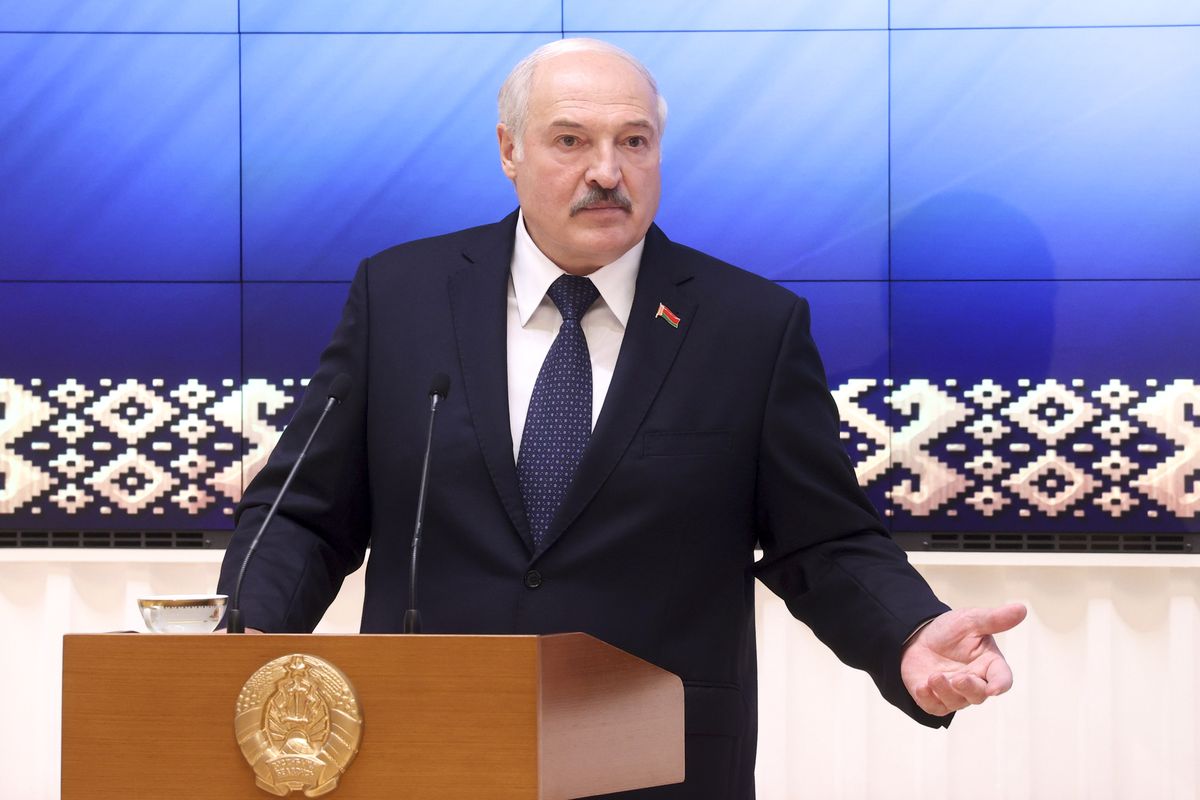 Belarus President Alexander Lukashenko speaks during a meeting with officials in Minsk, Belarus, Friday, July 23, 2021.  (Nikolay Petrov)