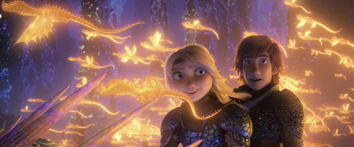 Astrid, voiced by America Ferrera, left, and Hiccup, voiced by Jay Baruchel, in a scene from DreamWorks Animation’s “How to Train Your Dragon: The Hidden World.” (DreamWorks Animation/Universal Pictures)