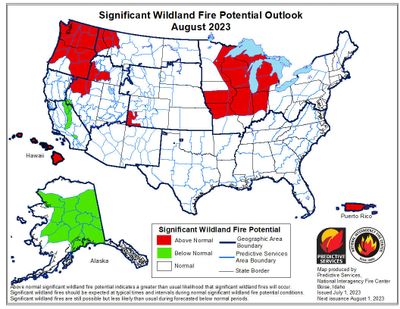 The wildfire outlook for August 2023 shows the highest potential in the Pacific Northwest and in the Midwest and Great Lakes.    (National Interagency Fire Center/Handout)