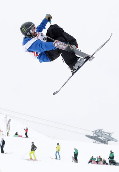 Noah Wallace competes during World Cup slopestyle skiing finale in Switzerland. (Associated Press)