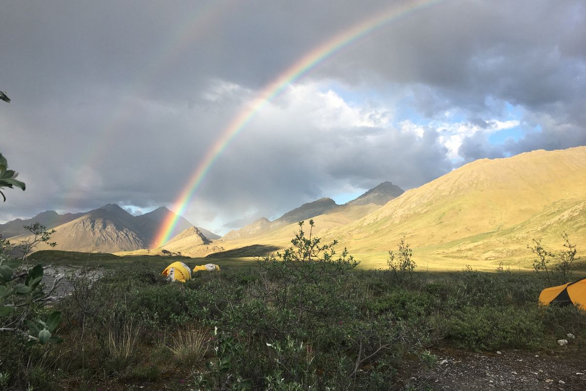 A double rainbow strikes the earth near the Hula Hula River at the northern end of the Brooks Range in Alaska.  (Courtesy/Patricia Keith)
