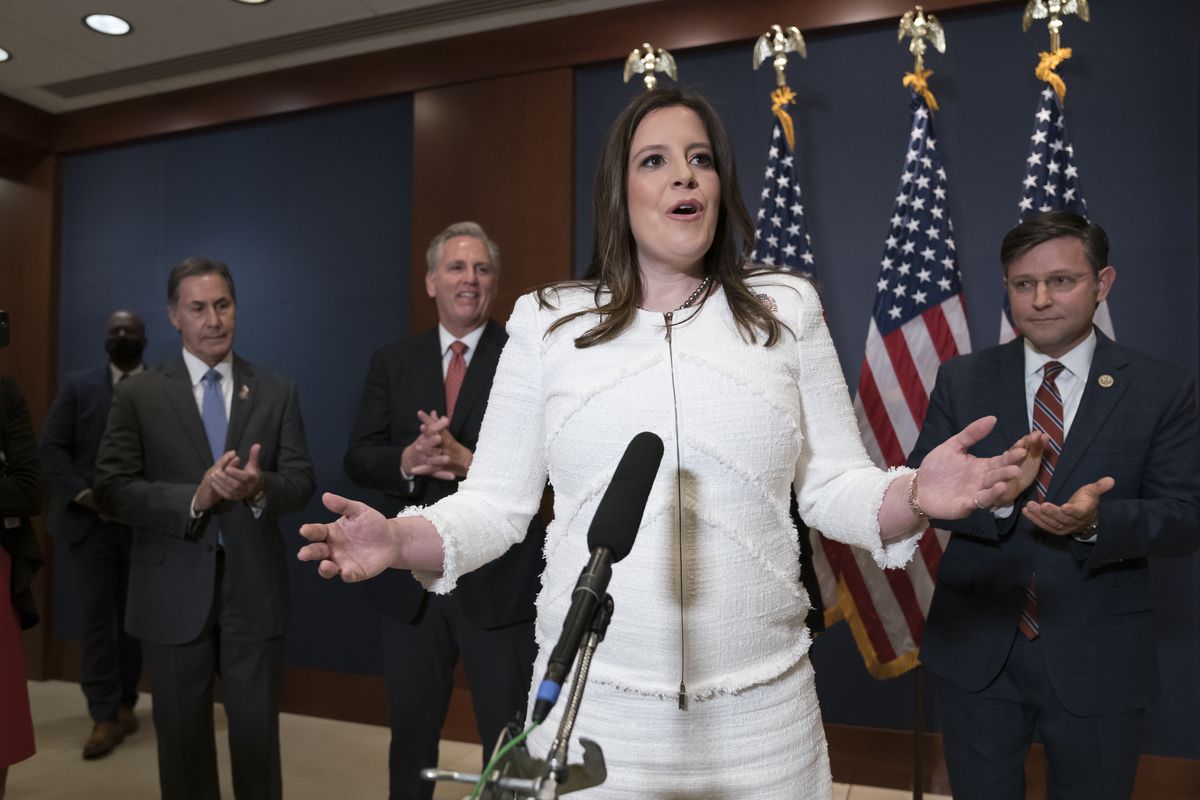 Rep. Elise Stefanik, R-N.Y., speaks to reporters at the Capitol in Washington on Friday just after she was elected chair of the House Republican Conference, replacing Rep. Liz Cheney, R-Wyo., who was ousted from the GOP leadership for criticizing former President Donald Trump.  (J. Scott Applewhite)