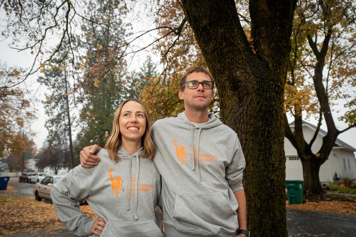 Brea Seaburg, left, and husband Nathan Seaburg headed to New York City and ran the NYC Marathon this past weekend – a challenge because Brea has Type 1 diabetes. They are photographed Thursday, Nov. 2, 2023 near their home on Spokane