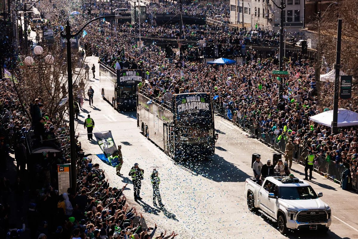 Crowds attend the Seattle Seahawks parade Wednesday.  (Erika Schultz/Seattle Times)