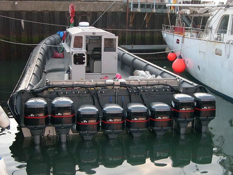 A boat reportedly used for drug running across the English Channel had eight outboards totaling 2,000 hp.