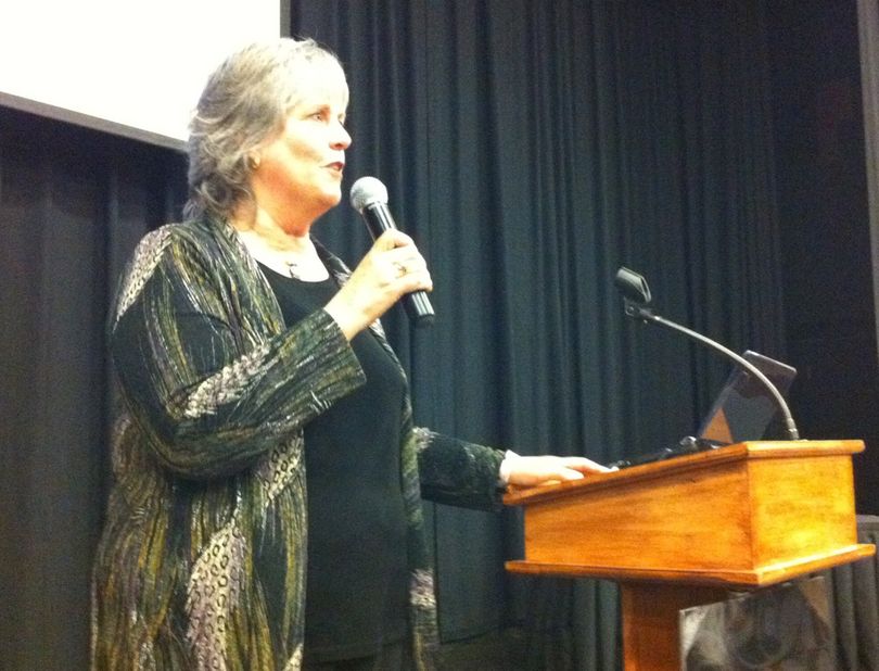 Bonnie Mager addresses Democrats at the Democratic election night gathering at Lincoln Center in Spokane, Wash. (Jonathan Brunt / The Spokesman-Review)