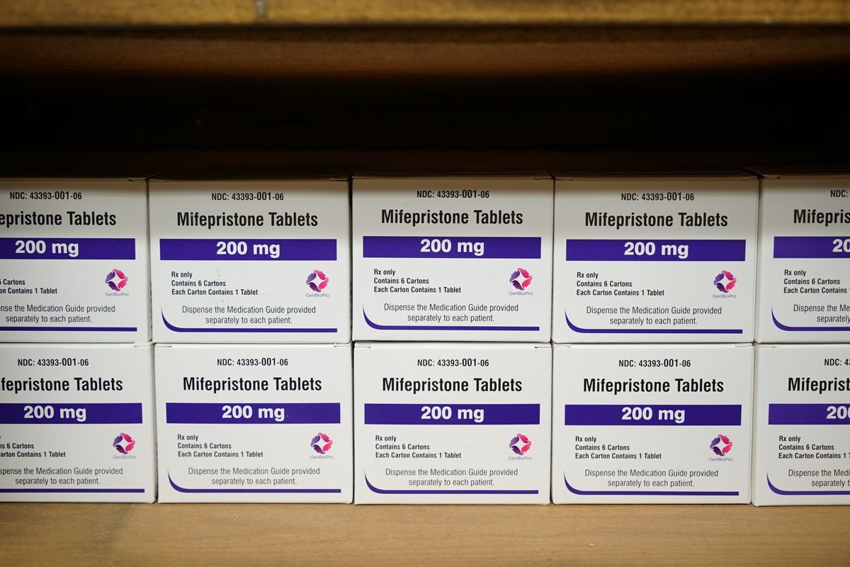 Boxes of the drug mifepristone line a shelf at the West Alabama Women