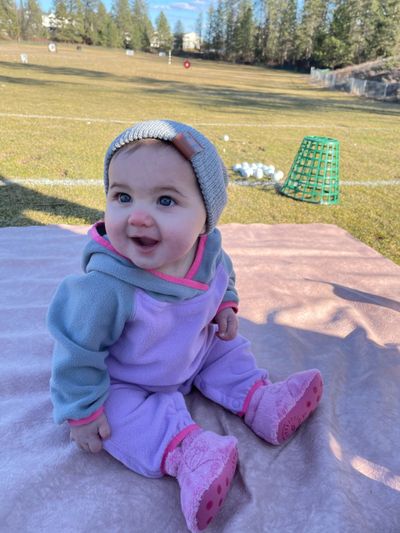 Quinnley McCord, the 9-month-old daughter of the author, is clearly enjoying herself - at least for the time being - during a March 11, 2021, trip to the driving range at Indian Canyon Golf Course.  (Courtesy of Jordyn McCord)