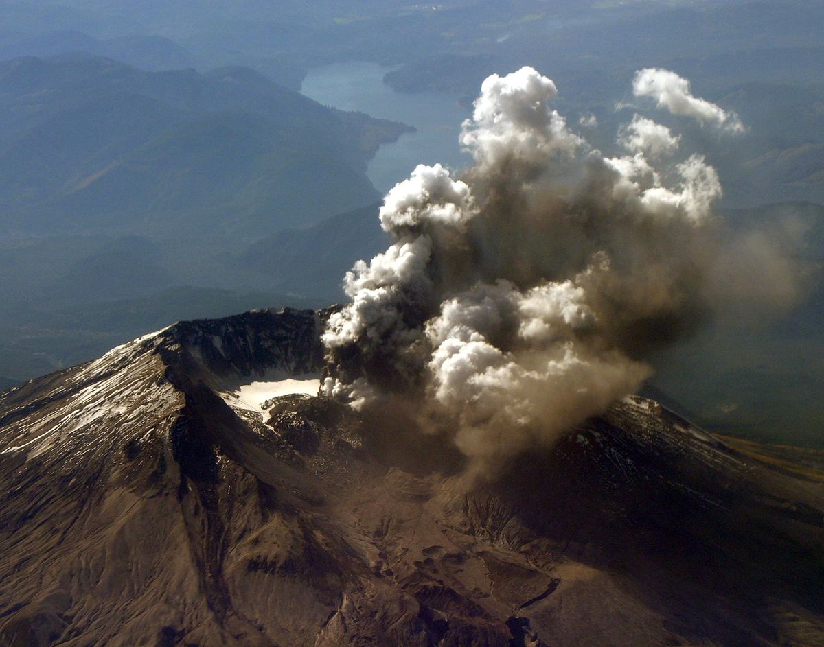 Mount St. Helens emits a plume of steam and ash Oct. 1, 2004 in the Mount St. Helens National Monument, Washington.  (Courtesy of U.S. Navy)