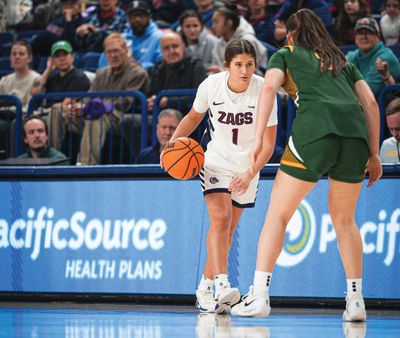 Paige Lofing sizes up San Francisco’s defense during a WCC game on Jan. 15 at McCarthey Athletic Center.  (Courtesy of Gonzaga athletics )