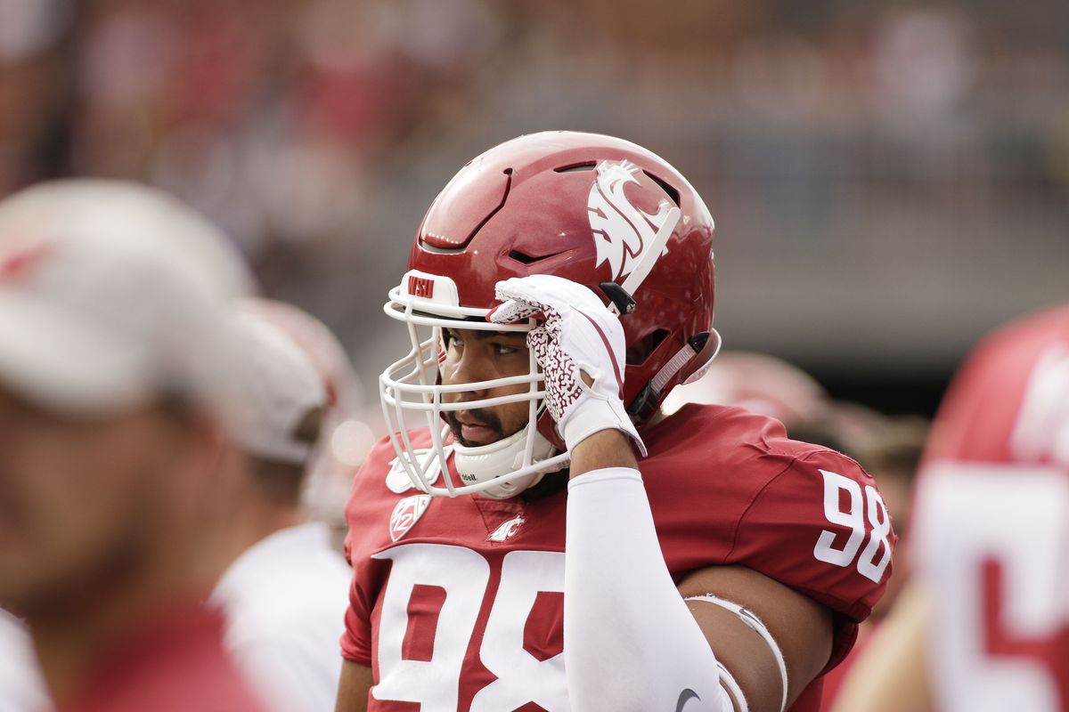 Washington State defensive lineman Dallas Hobbs (98) stands on the sideline during the first half of an NCAA college football game against Northern Colorado in Pullman, Wash., Saturday, Sept. 7, 2019.  (Associated Press)