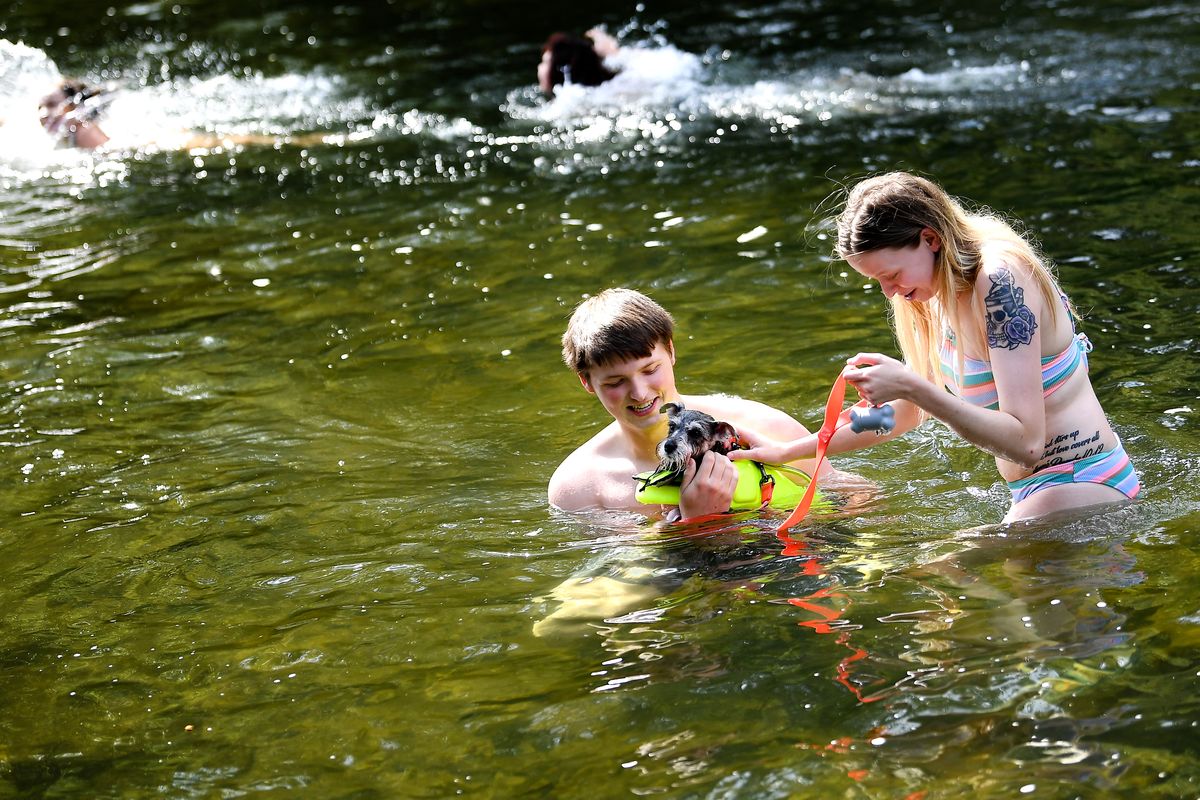Amanda Kiehn and her boyfriend Preston Benson cool off with Zenzie, their miniature Schnauzer, on Monday at Pine River Park in north Spokane. The National Weather Service  (Tyler Tjomsland/THE SPOKESMAN-REVIEW)