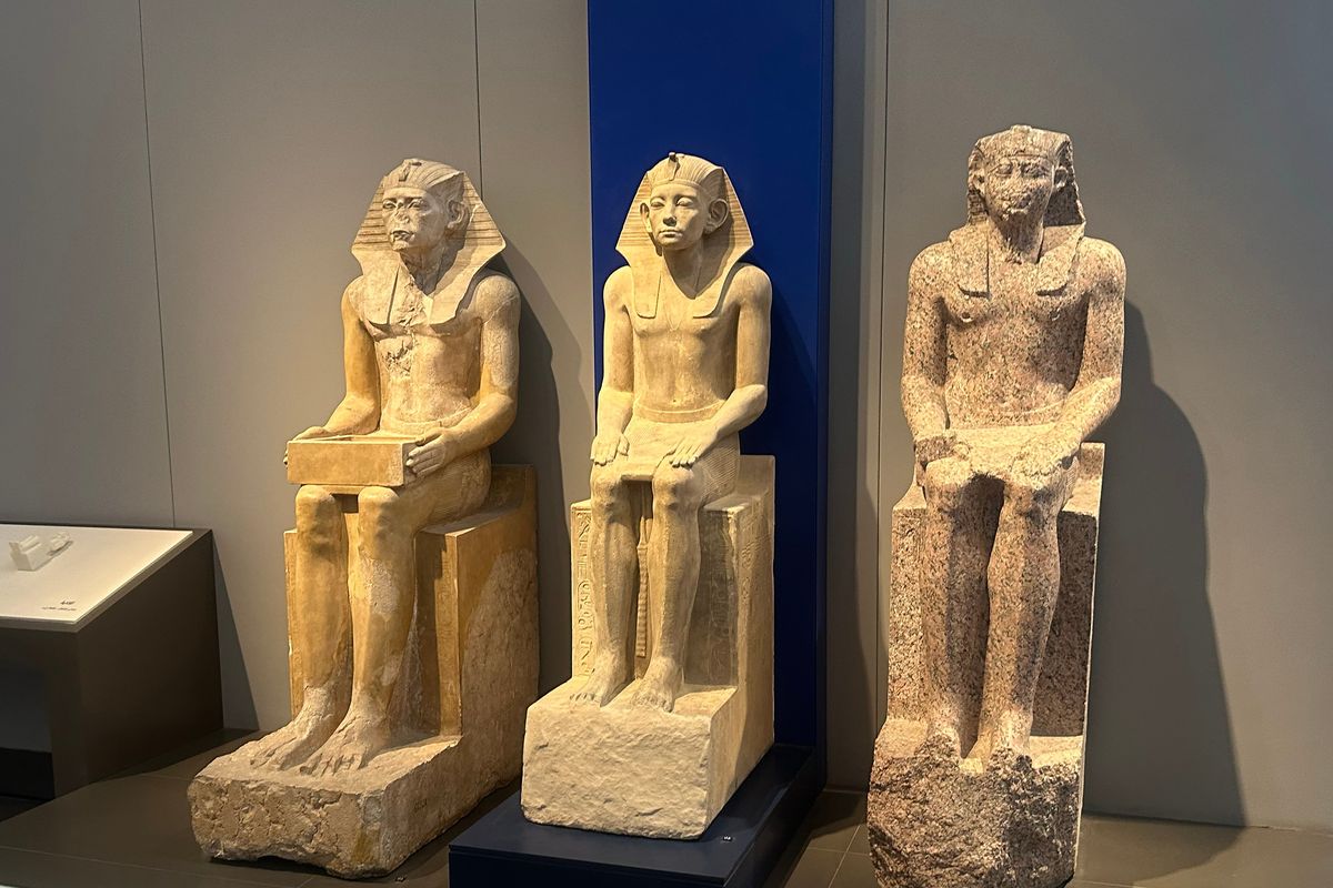Statues of Amenemhat III from Hawara in the Grand Egyptian Museum in Giza, Egypt.  (Mitchell Roland/The Spokesman-Review)