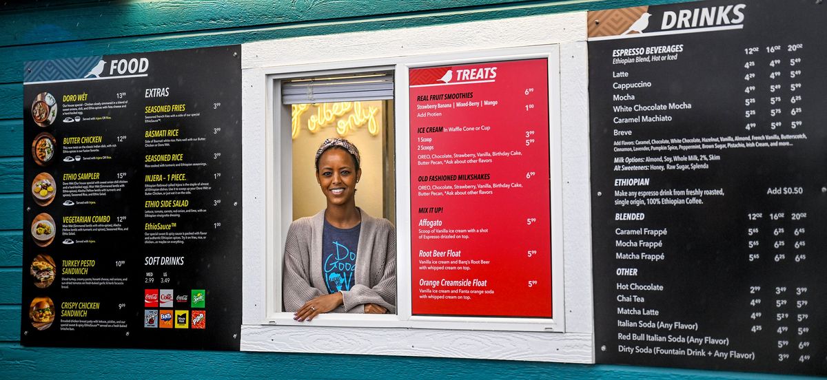 Rebecca Meyer of Three Little Birds Café is ready for customers at the take  (Kathy Plonka/The Spokesman-Review)