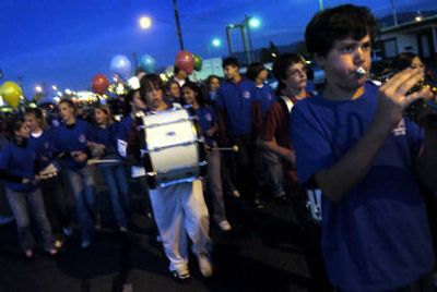 
First trumpet Christian Blauer, right, marches with the Bowdish Middle School marching band in the Valleyfest Parade on Sprague Avenue Friday evening. 
 (Holly Pickett / The Spokesman-Review)