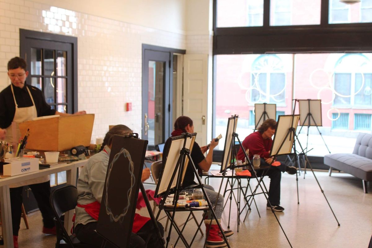 Artists take part in a recent “Eleven Gatherings Plateau Salish Art” workshop at Yes Is a Feeling art gallery in downtown Spokane.  (Courtesy)
