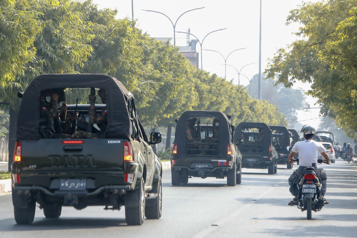 A convoy of army vehicles patrol the streets in Mandalay, Myanmar, Wednesday, Feb. 3, 2021. In the early hours of Monday, Feb. 1, 2021, the Myanmar army took over the civilian government of Aung San Suu Kyi in a coup over allegations of fraud in November