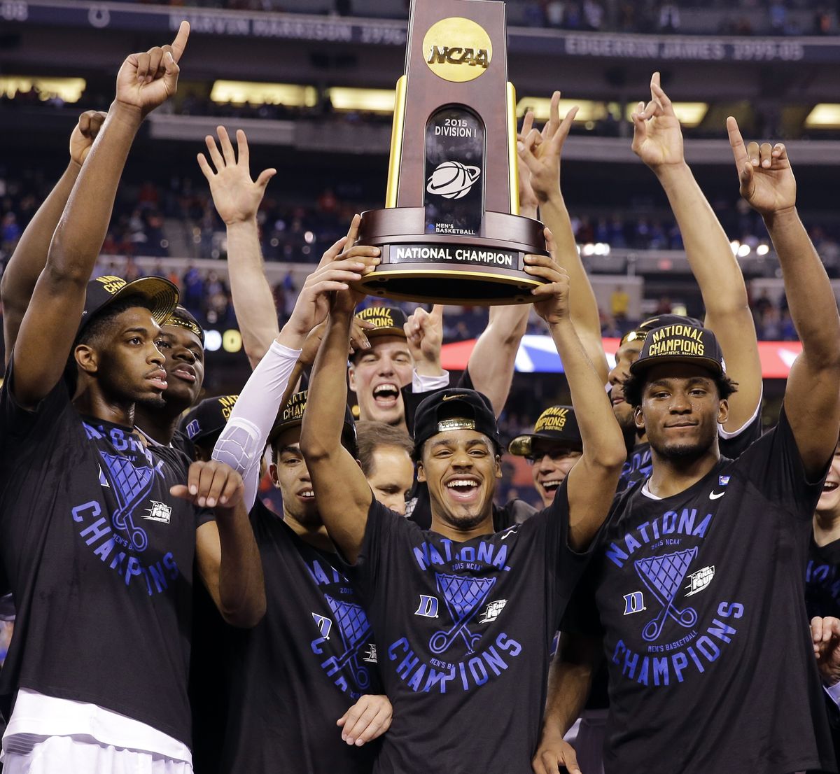 Duke players celebrate their 68-63 victory Monday over Wisconsin for the NCAA men’s national championship. (Associated Press)