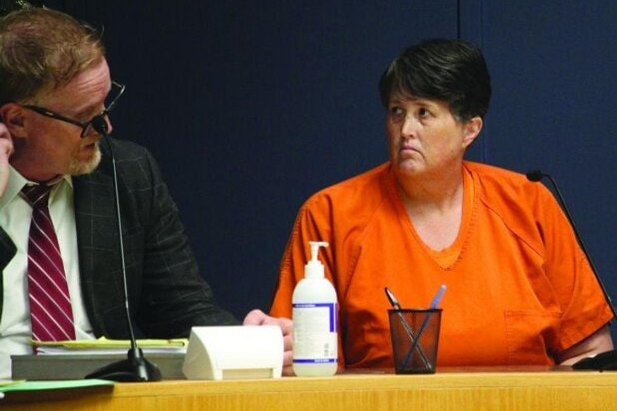 Former Metaline town clerk Kelly Flanagansits for her first court appearance on July 1 in Newport, Wash.  (MINER PHOTO|DON GRONNING)
