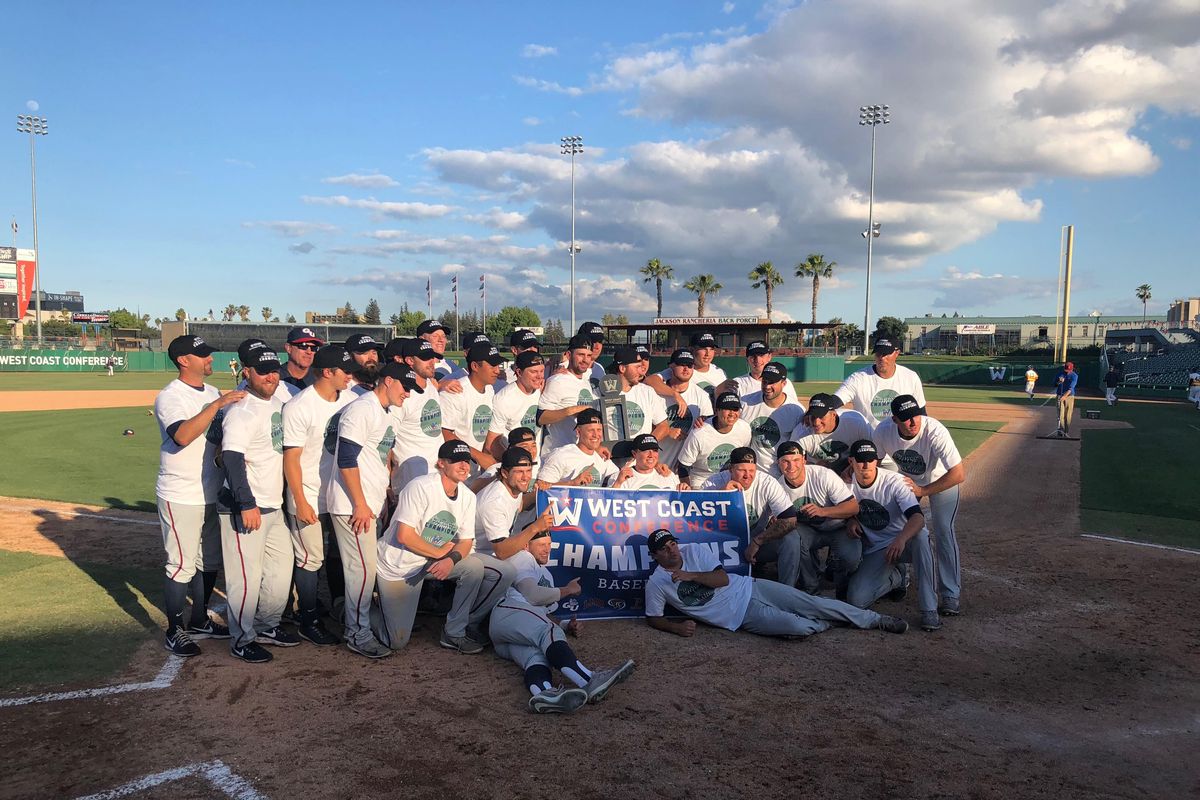 The Gonzaga baseball team celebrates after winning the WCC championship on Saturday in Stockton, California. (Mike Roth / Courtesy of Gonzaga)