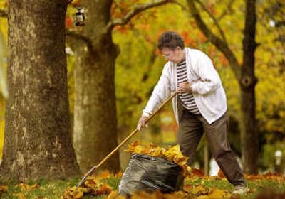 Raking leaves burns calories while working the trunk, shoulder and leg muscles.Associated Press (Associated Press / The Spokesman-Review)
