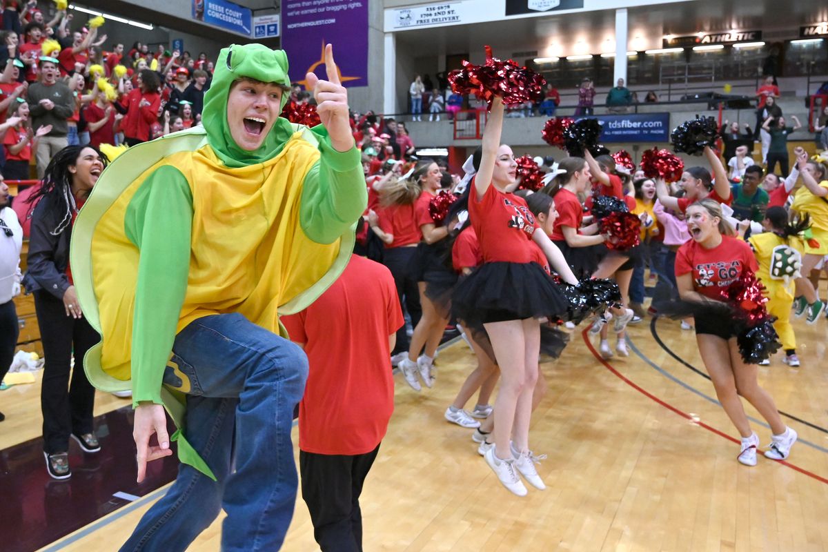 Cheney High School celebrates winner The Railroad Rumble over Rogers High School at Reese Court on Weds. Jan.31, 2024 in Cheney WA.  (James Snook)