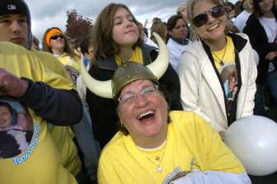
ALS patient Jenny Hoff wears a viking hat and a big smile before heading out on the  3-mile walk Saturday at Mirabeau Park in Spokane Valley. 
 (Dan Pelle / The Spokesman-Review)