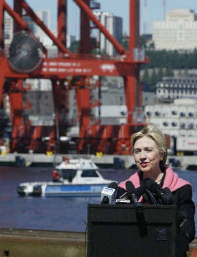 Sen. Hillary Clinton, D-N.Y. speaks to reporters about Port Security at the Port of Seattle on Tuesday.
(Associated Press / The Spokesman-Review)