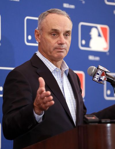 Major League Baseball commissioner Rob Manfred delivers remarks during a news conference at the annual MLB baseball owners meetings, Thursday, Nov. 16, 2017, in Orlando, Fla. (John Raoux / Associated Press)