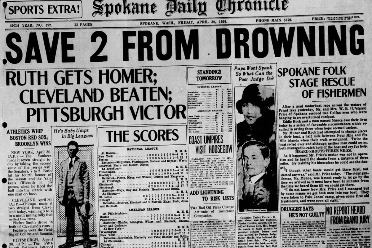 Mr. and Mrs. W.B. Price who heard cries for help from their motorboat three miles away rescued two men from Colfax on Priest Lake, the Spokane Daily Chronicle reported on April 30, 1926. The men’s rowboat had flipped and they could not swim.  (Spokesman-Review archives)