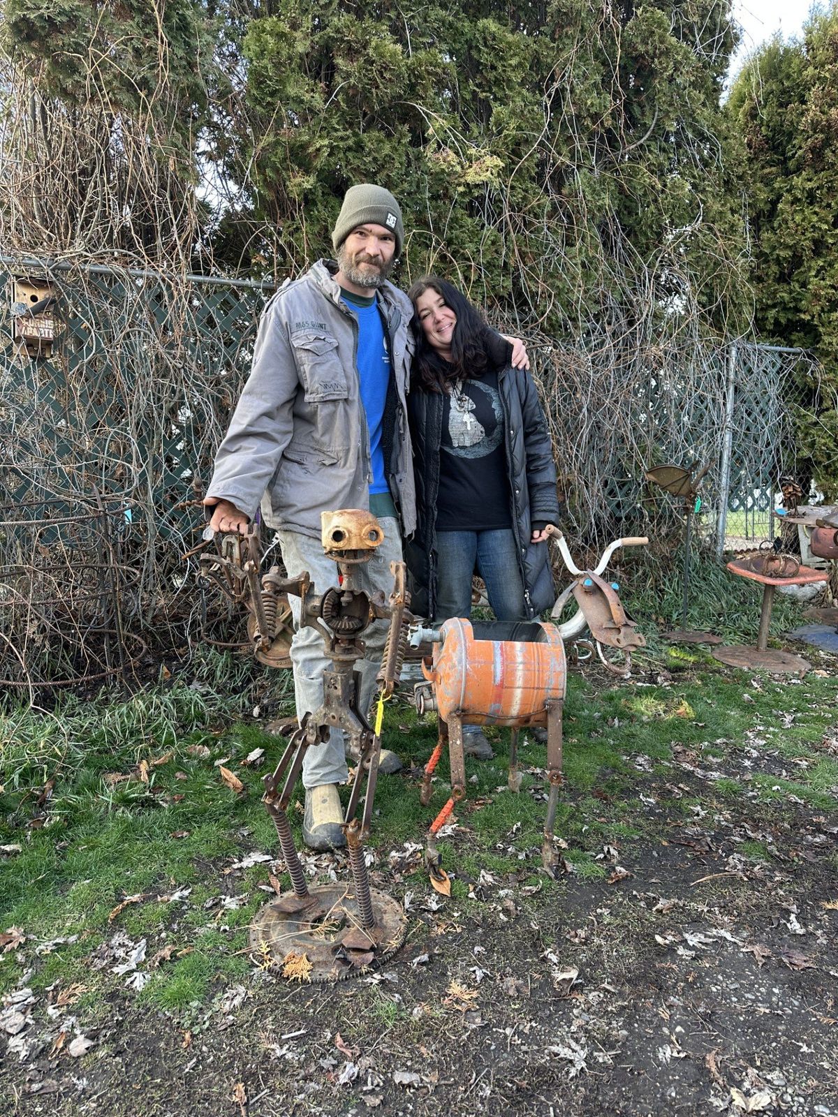 Nate and Holly Burk founded Spokane Folk Art & Copper Tones, a business which upcycles screws, wrenches, horseshoes and other metal items into imaginative sculptures.  (Cynthia Reugh/For The Spokesman-Review)