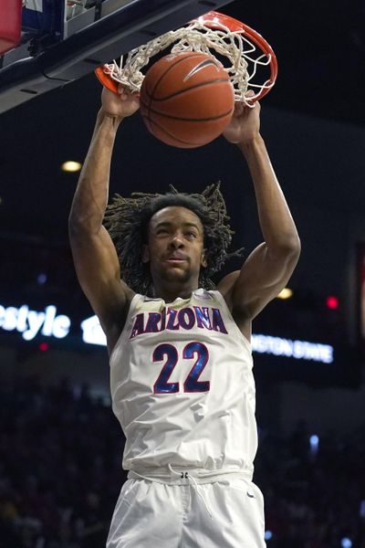 Arizona forward Zeke Nnaji dunks against Washington State during the second half of an NCAA college basketball game Thursday, March 5, 2020, in Tucson, Ariz. Arizona won 83-62. (Rick Scuteri / Associated Press)
