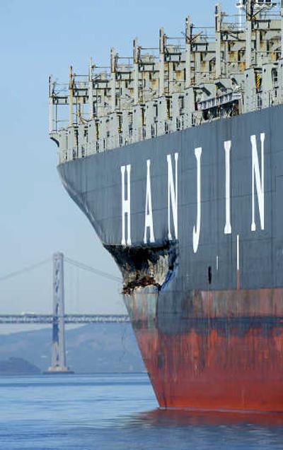 
A gash stretches along the hull of the Cosco Busan as the cargo freighter anchors in the San Francisco Bay on Wednesday.Associated Press
 (Associated Press / The Spokesman-Review)