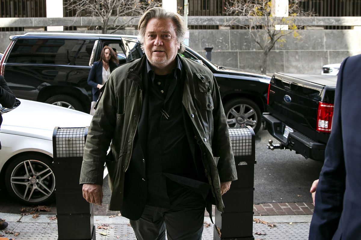 FILE - In this Nov. 8, 2019 file photo, former White House strategist Steve Bannon arrives to testify at the trial of Roger Stone, at federal court in Washington. Bannon was arrested Thursday, Aug. 20, 2020, on charges that he and three others ripped off donors to an online fundraising scheme “We Build The Wall.” The charges were contained in an indictment unsealed in Manhattan federal court.  (Al Drago)