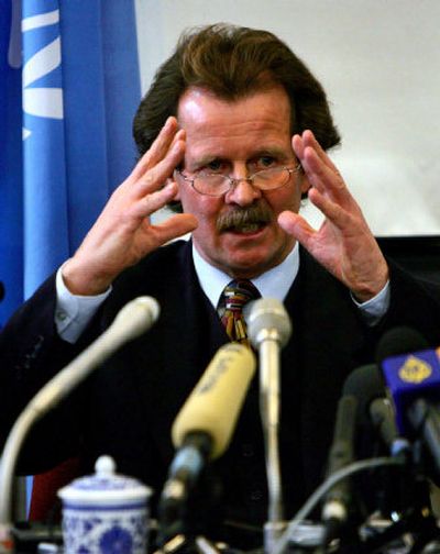 Manfred Nowak, of the U.N. Human Rights Commission, discusses conditions in China Friday in Beijing.
(Associated Press / The Spokesman-Review)