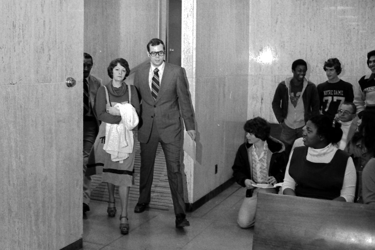 In this Nov. 3, 1977, photo, Francine Hughes and her lawyer Arjen Greydanus walk into the courtroom in Lansing, Mich. Wilson, whose Michigan spousal abuse case was the subject of a 1984 television movie called “The Burning Bed,” has died. She was 69. A memorial service was held Wednesday in Florence, Alabama, for Wilson, who had been living in the nearby Leighton. (AP)