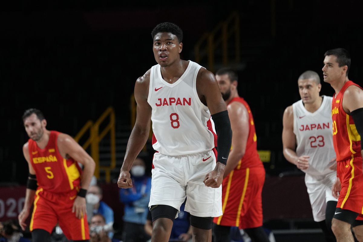 Japan’s Rui Hachimura (8) reacts to a play against Spain during a men’s basketball preliminary round game at the 2020 Summer Olympics in Saitama, Japan, Monday, July 26, 2021. (AP Photo/Eric Gay)  (Eric Gay)