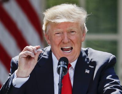 President Donald Trump gestures while speaking about the U.S. role in the Paris climate change accord on Thursday. (Pablo Martinez Monsivais / AP)